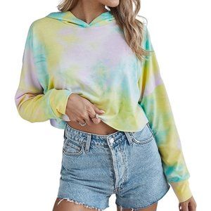 PASTEL Tie Dye Crop Pullover Hoodie. Sizes M-XL.  Long Sleeve, Yellow/Pink/Aqua